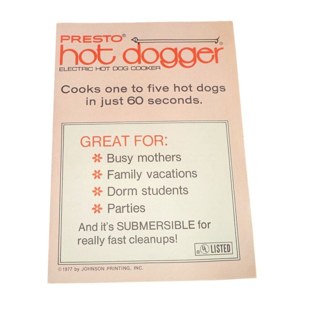 Vtg Presto HOTD1 Hot Dogger Electric Hot Dog Cooker Instructions Replacament